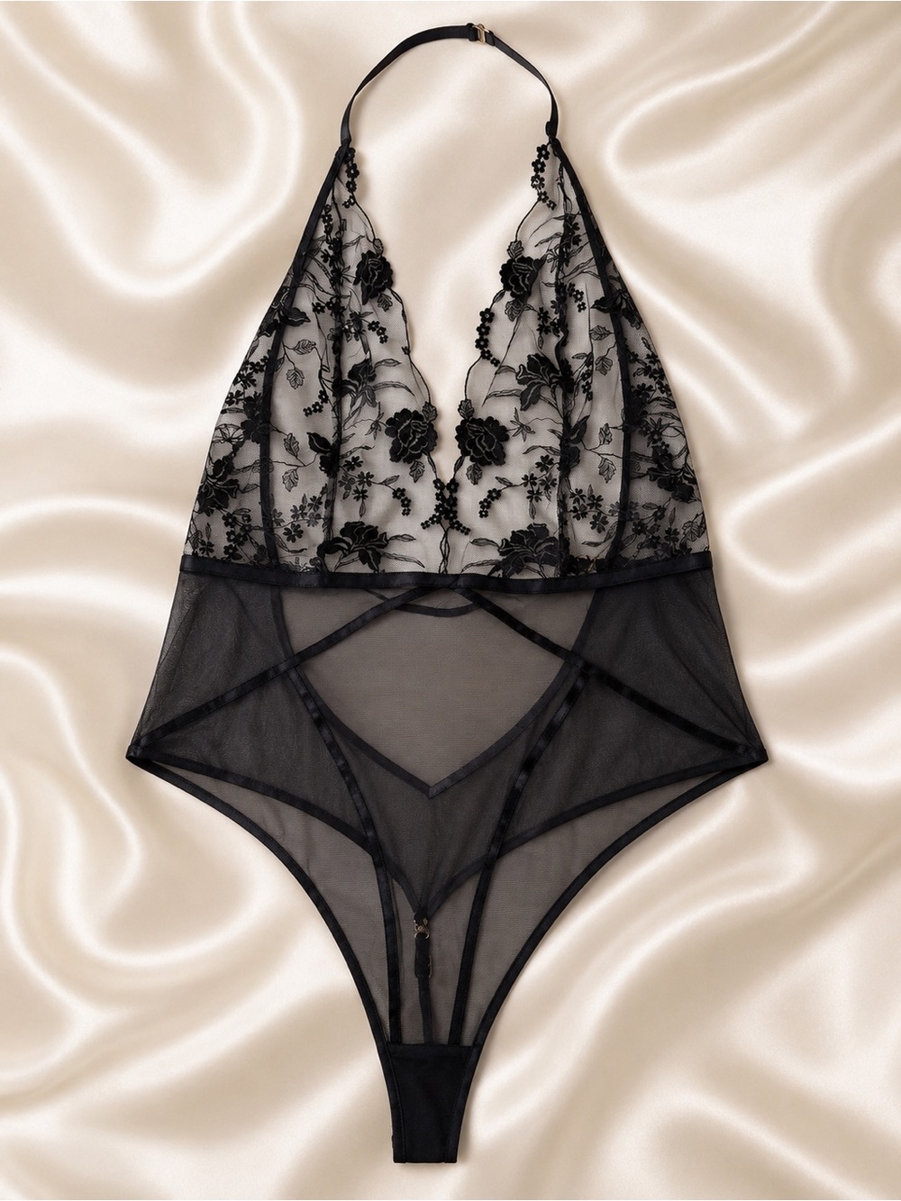 Honey Birdette Black Sheer Floral Lace Halter Teddy